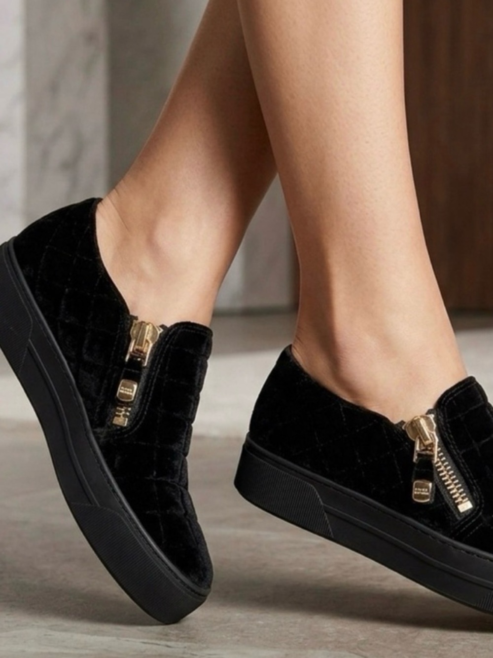 Stuart Weitzman Black Velvet Loafers with Gold Accents